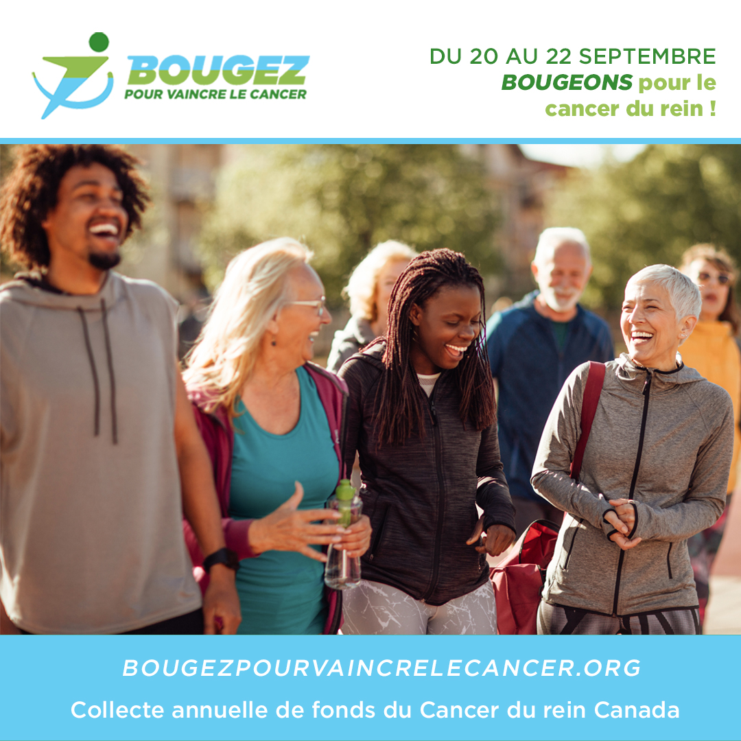 French language Move To Beat Cancer Banner September 20-22 with a group of smiling people and link to movetobeatcancer.org website.