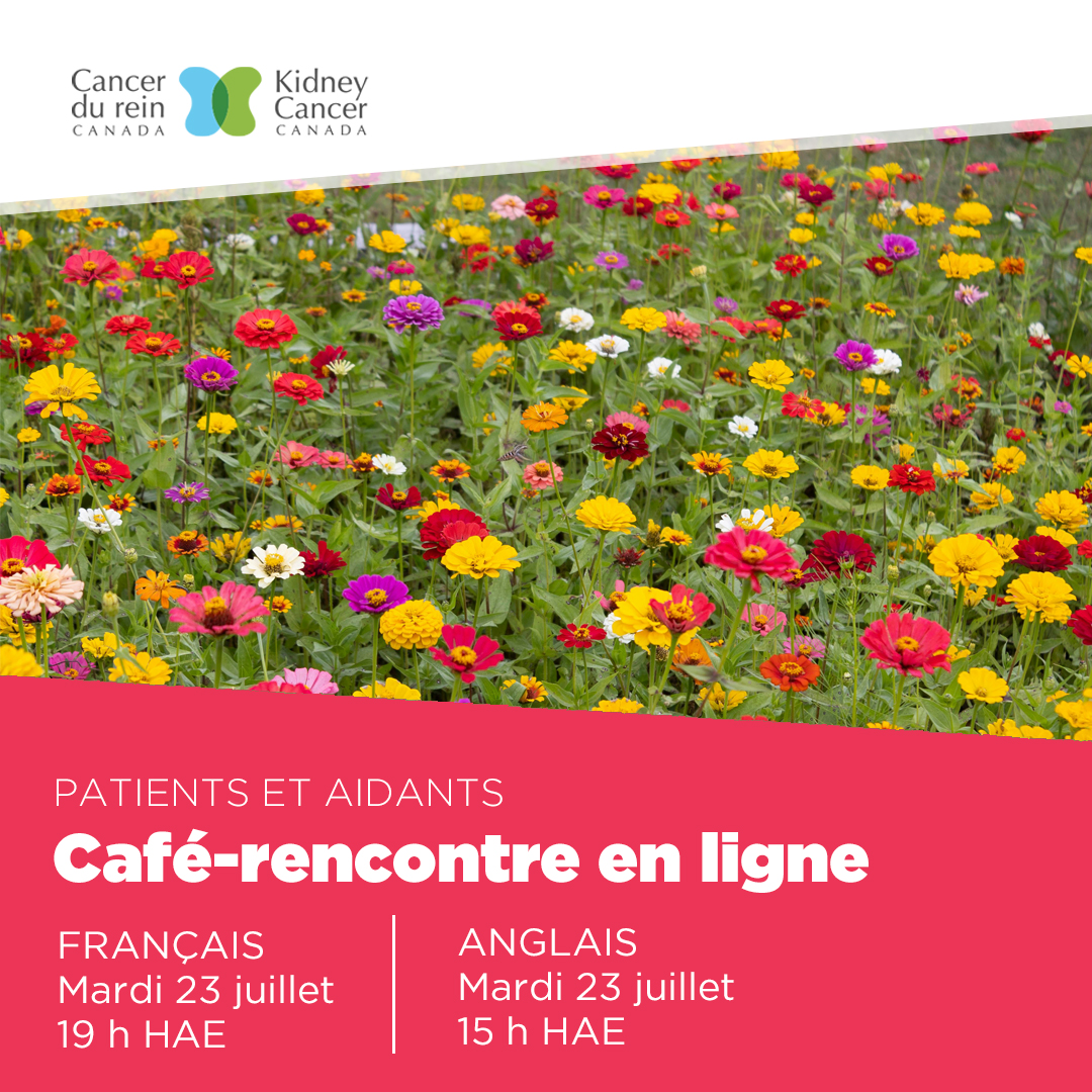 French language banner with field of flowers about online coffee chat on July 23 at 7:00pm.