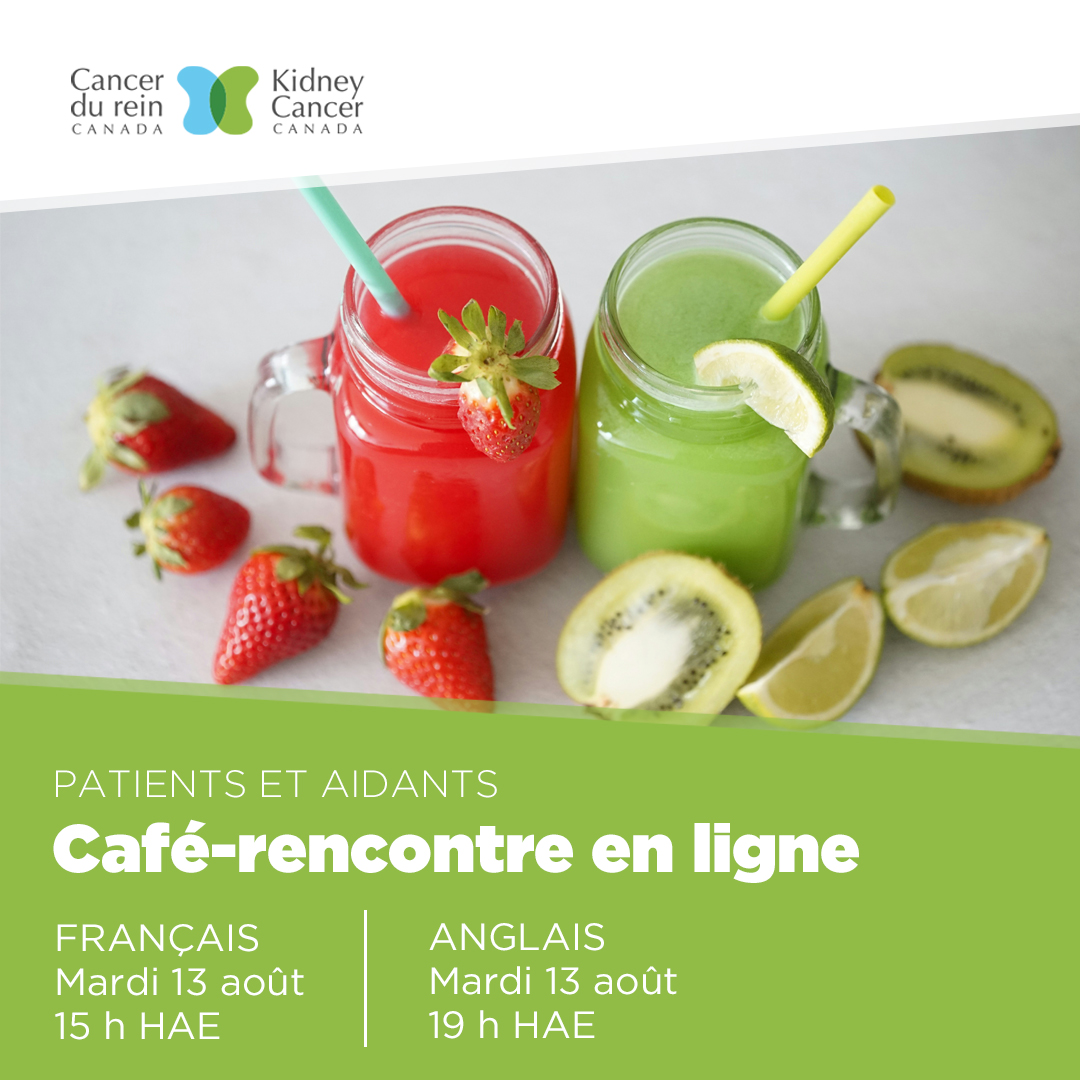 French language banner with strawberries and kiwis about online coffee chat on August 13 at 3:00pm.